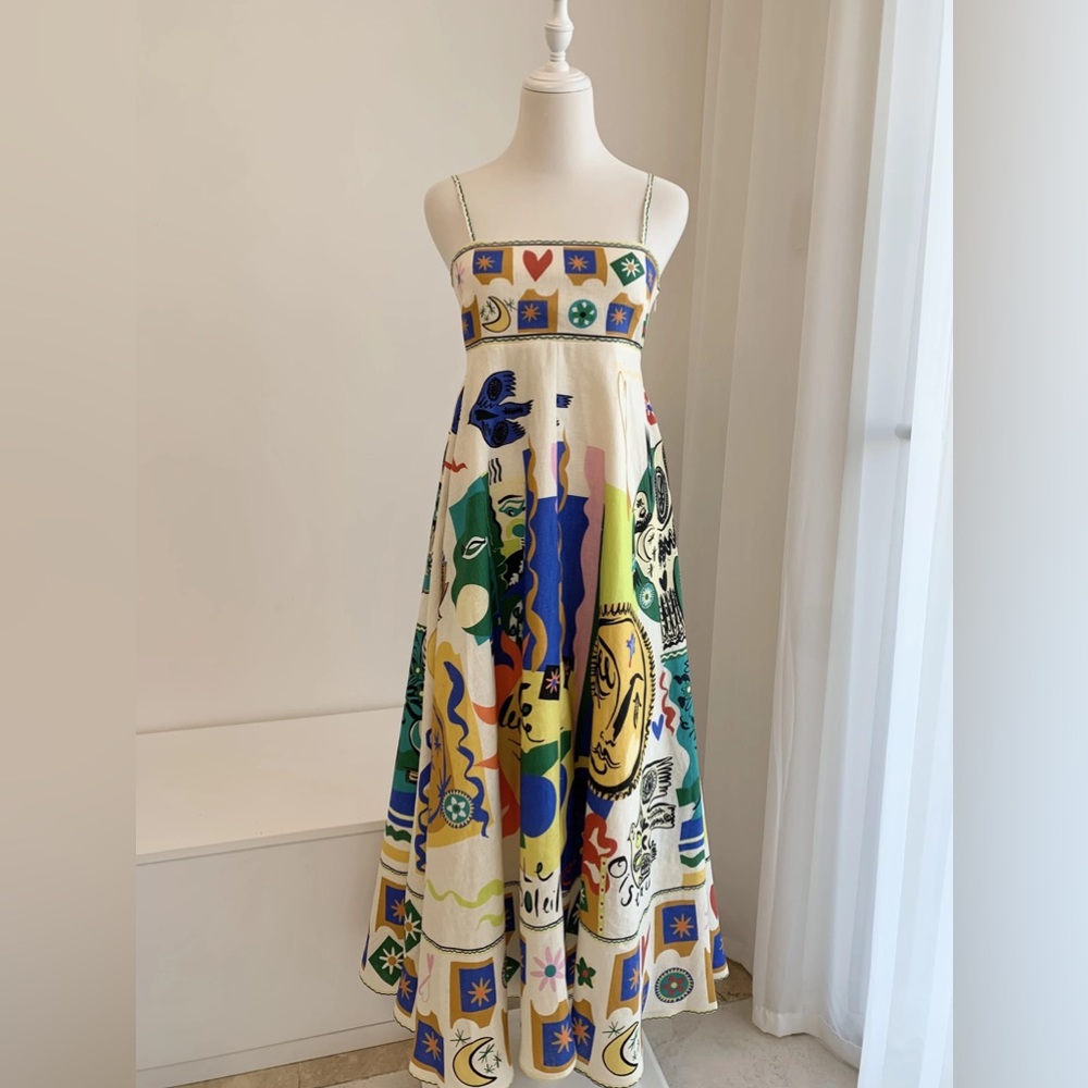 Soleil Full Skirt LINEN Sundress, Mixed Media Luxury Print - Picture 11 of 12